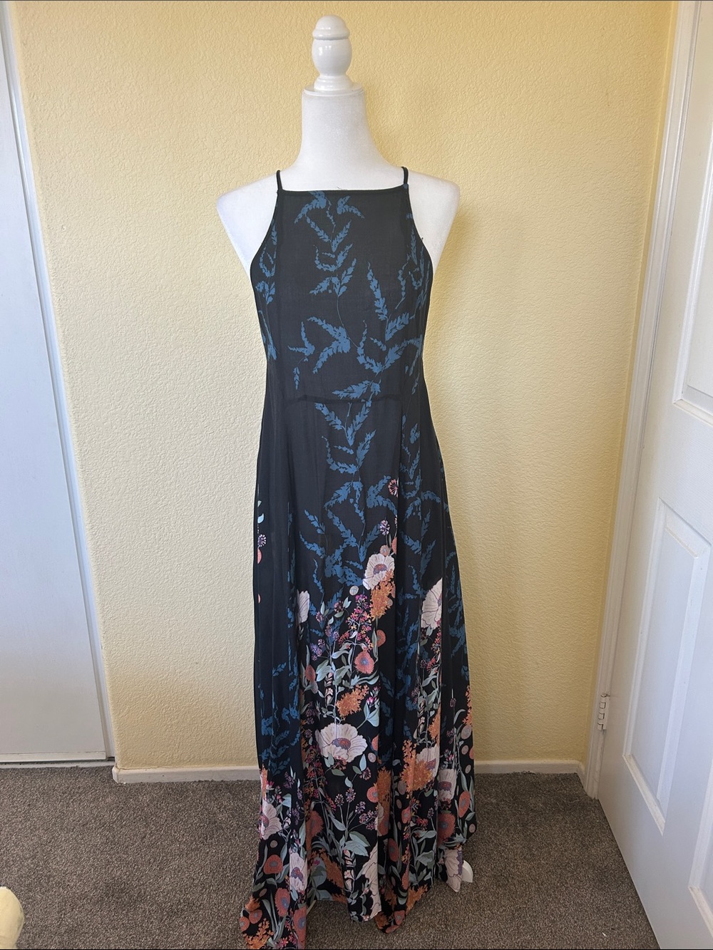 Free People Black Floral Halter Maxi Dress with Blue and Coral Accents